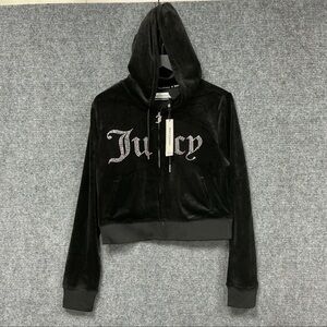 Vtg Juicy Couture Y2K Crushed Velvet Black Track Jacket Women’s Large Bling Logo